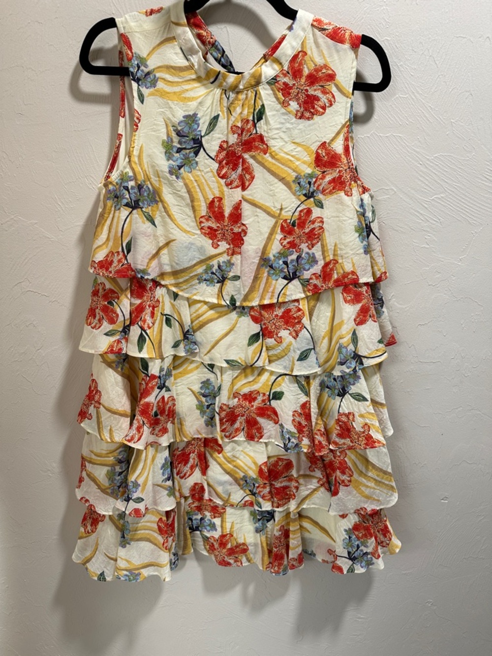 Floral Tiered Dress in White with Red & Yellow Print